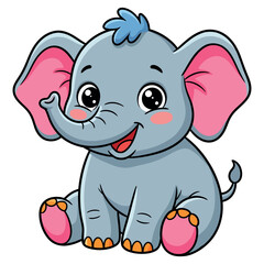 Fototapeta premium Cute baby elephant cartoon character, happy sitting elephant vector, blue jungle animal mascot
