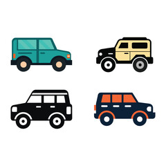 Fototapeta premium Four different colored SUV icons side view green yellow black and blue with orange accents on white background