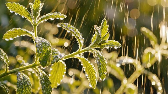 Lemon verbena leaves glistening with fresh rainwater droplets, evoking a sense of natural refreshment and vibrant growth.