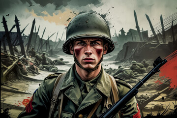 Obraz premium American soldier man Normandy landing Allied troops France D Day Remember and Honor AI Generative