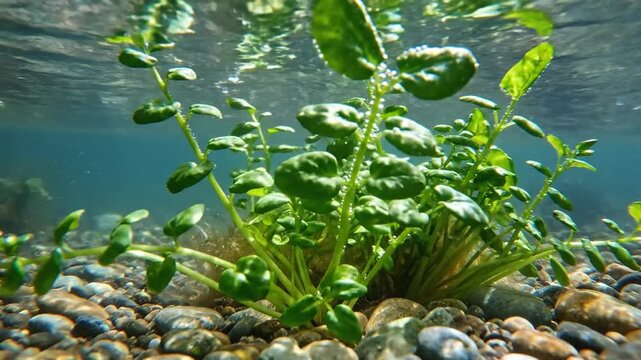 Submerged watercress plants growing on a pebble streambed in clear, flowing water.