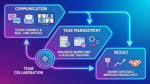 Team collaboration and task management workflow framework covering communication channels real time updates deadline tracking and shared results for improved workplace productivity
