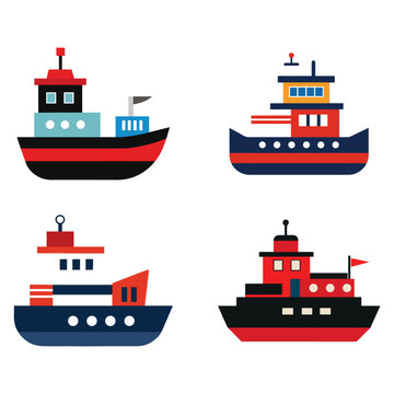 Four different colorful cartoon boats with various designs on white background  maritime vessels