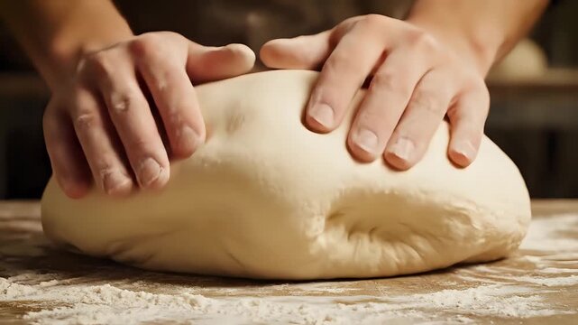 Closeup of hands kneading dough on a floured surface 1.