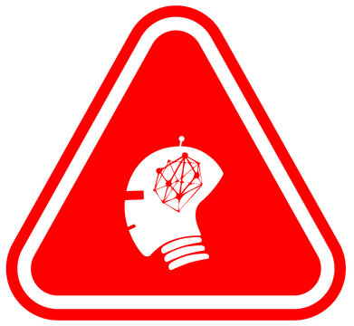 Red warning sign with robotic head and neural network icon, symbol for artificial intelligence, digital risk and technological dangers, isolated on white background