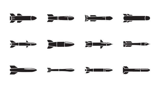 Military missile and torpedo silhouettes collection for defense industry and tactical weapon graphics.