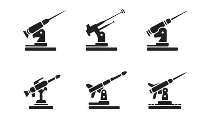 Set of silhouettes of anti-aircraft artillery guns isolated on transparent background. © Md