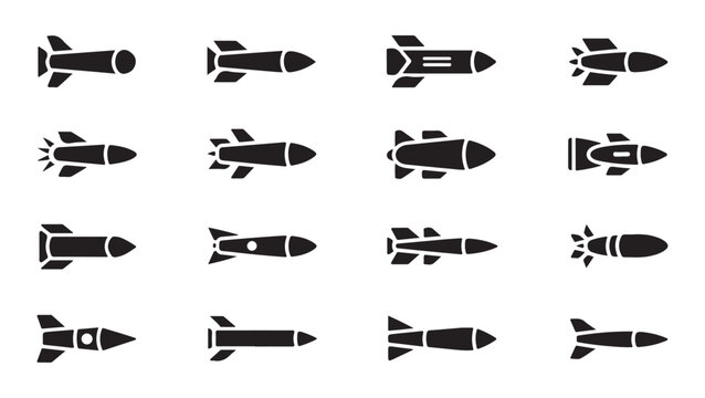 Collection of various black missile and bomb icons on checkered background.