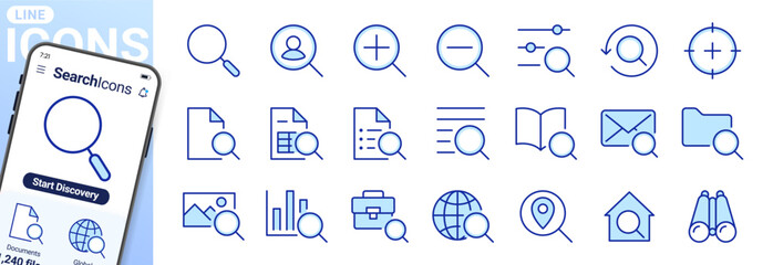 Naklejka premium Search line icons set. Zoom, find document, magnify glass symbol, look tool, binoculars minimal vector illustrations. Simple flat outline signs for SEO analysis. Blue duotone, Editable Stroke