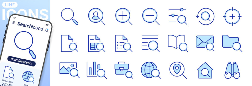 Search line icons set. Zoom, find document, magnify glass symbol, look tool, binoculars minimal vector illustrations. Simple flat outline signs for SEO analysis. Blue duotone, Editable Stroke