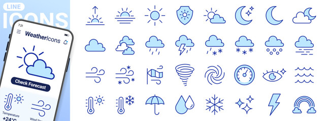 Plakat Weather forecast line icons set. Sun, rain, thunder storm, wind, snow cloud, moon, UV index minimal vector illustrations. Simple flat outline signs for web app. Blue duotone, Editable Stroke
