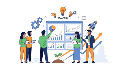 Fototapeta premium Illustration of business team analyzing financial data and growth charts on a large screen, with gears and a rocket symbolizing progress and success, isolated on