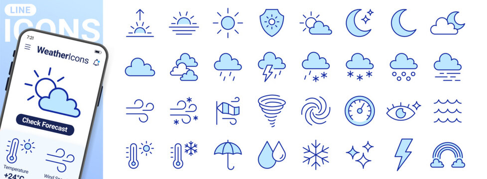 Weather forecast line icons set. Sun, rain, thunder storm, wind, snow cloud, moon, UV index minimal vector illustrations. Simple flat outline signs for web app. Blue duotone, Editable Stroke