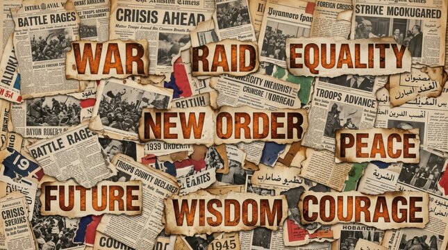 Vintage newspaper collage with war and peace headlines, retro newsprint background with historical text, old paper texture for documentary design