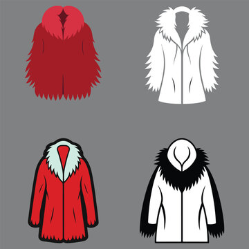 Four different fur coats with various colors and styles including red white and black fur lined hooded jackets and coats with fur collars and sleeves for winter clothing and fashion design