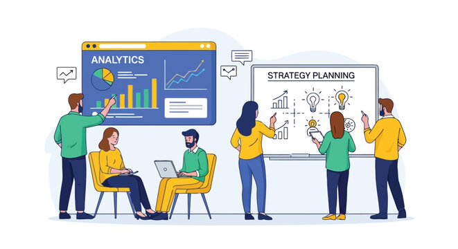 Illustration of diverse group of professionals engaged in strategy planning and data analysis, using charts and ideas on whiteboards in a bright office environment, isolated on