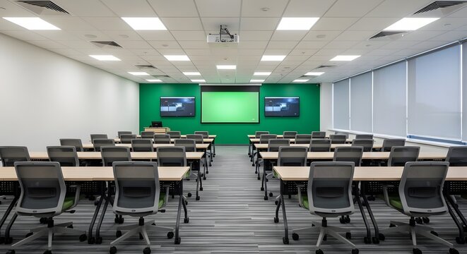 Modern corporate meeting room setup with bright overhead lighting for business technology presentations and digital marketing strategy sessions