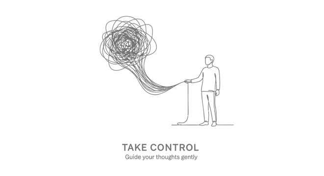 Minimalist line art illustration, Take Control concept, thought management, mental health