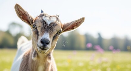 Fototapeta premium Young goat with distinctive markings stands in a sunny meadow filled with wildflowers