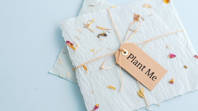 Plantable seed paper with flowers and tag, eco-friendly stationery, biodegradable card design, sustainable handmade greeting, recycled paper product, wildflower seeds, natural craft