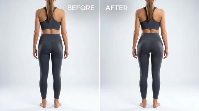 Woman in grey athletic outfit shows a noticeable butt lift from a back view in studio