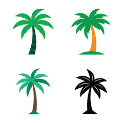 Fototapeta premium Four different palm trees with green leaves and various colored trunks on white background