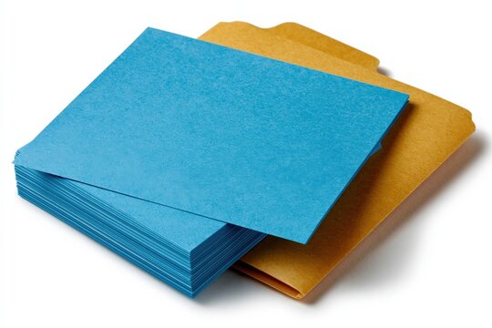 Stack of blue index cards resting on manila folder surface