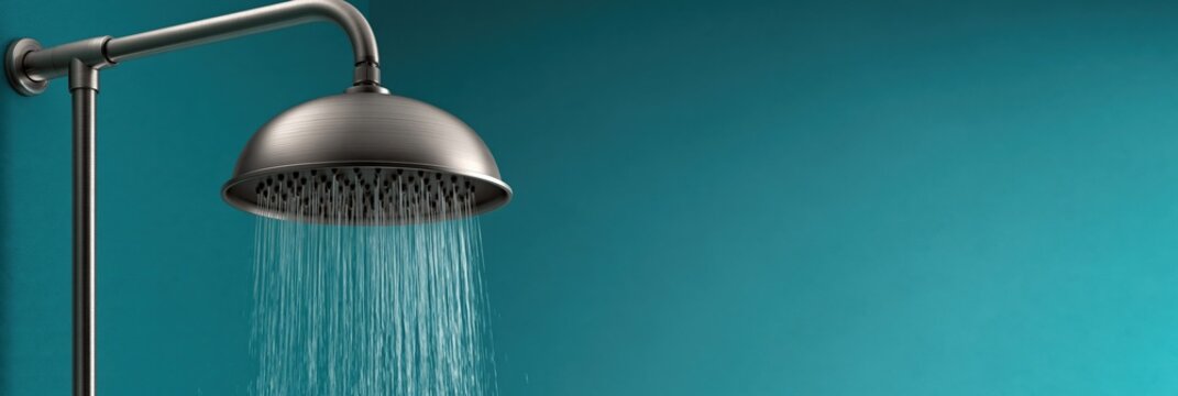 Metal rain shower head running against teal bathroom wall