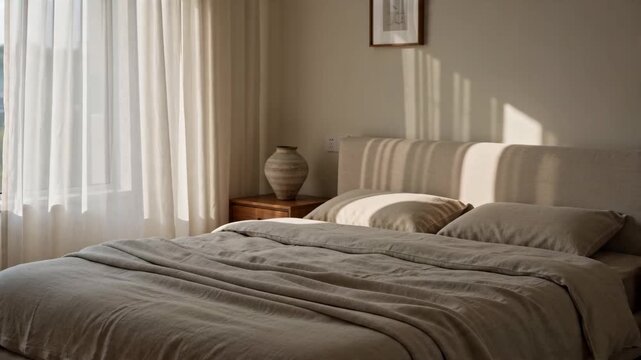 Inviting Master Bedroom Interior with Cozy Linen Bedding and Natural Light Streaming Through Sheer