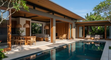 Fototapeta premium Elegant Modern Tropical Villa with Private Pool and Open-Concept Living, Seamlessly Blending Luxury Design with Lush Natural Surroundings