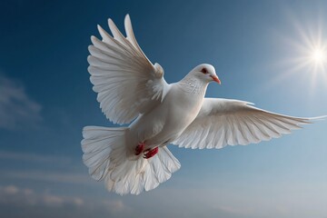 Fototapeta premium White dove flying with outstretched wings in sunlit sky
