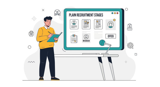 Recruitment process stages on computer screen with man taking notes