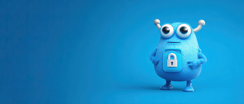 Cute blue cartoon monster with a padlock symbol, standing on a blue background. Fun character concept for security, privacy, or technology themes.