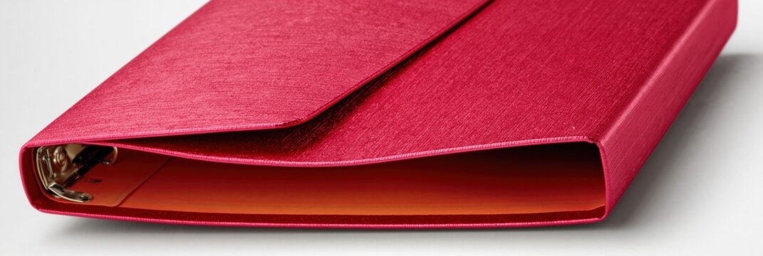 Red folio partially open revealing inner ring binder