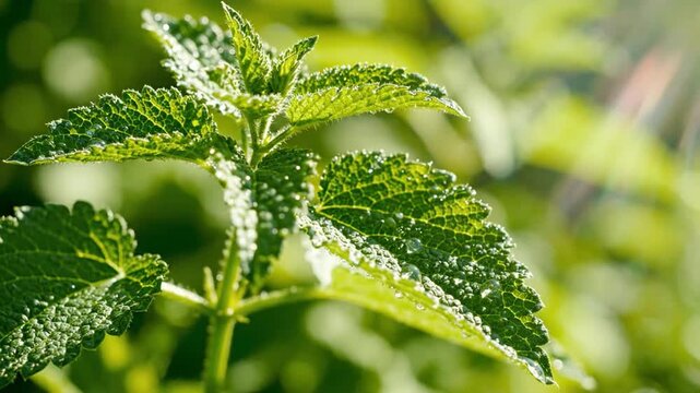 Green leafy plant with dew drops shining in sunlight on a soft blurred background