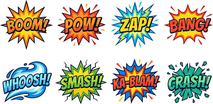 Comic Book Sound Effect Set &mdash; Boom Pow Zap Bang Whoosh Smash Ka-Blam Crash Explosion Burst Sticker Collection in Pop Art Style