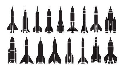 Experimental rocket silhouettes illustrating heavy lift launch vehicles and deep space orbital ships. © Md