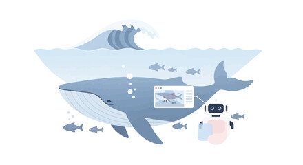 Naklejka premium Underwater Exploration Scene with Whale, Fish, and Marine Drone