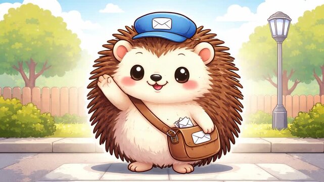 Cute hedgehog character with bag and hat cartoon style happy animal mascot on park background