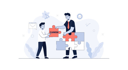 Fototapeta premium Teamwork concept: two men assembling jigsaw puzzle with 'Teamwork' word