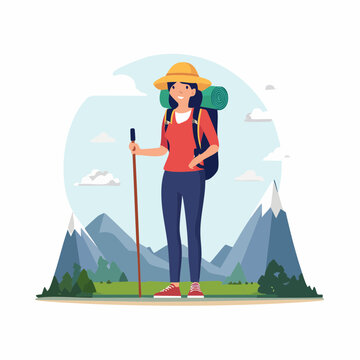 Woman hiker with backpack and trekking pole in mountains