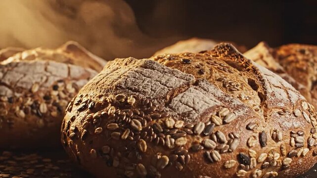 Golden baked bread rolls covered in seeds rest on a wooden surface suggesting a warm homemade baking scene