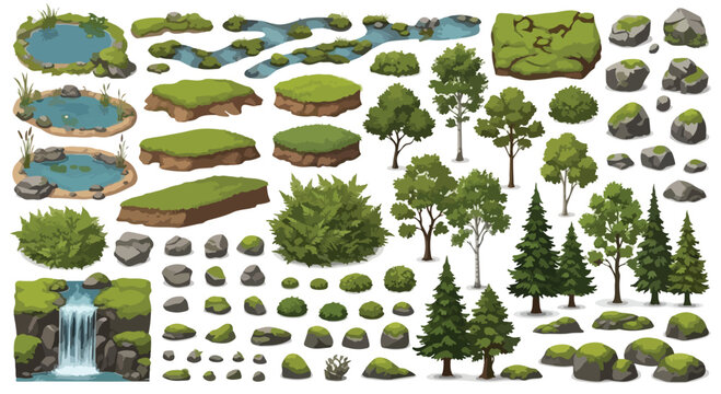 Set of 50+ isometric nature elements vector with trees, bushes, rocks, water, and grass islands