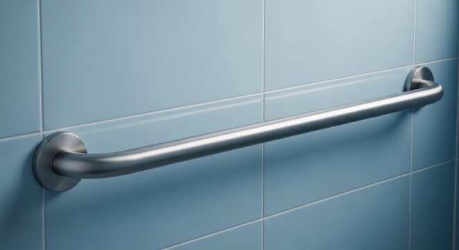 Brushed aluminum grab bar strategically placed on a tiled bathroom wall for enhanced safety and support.