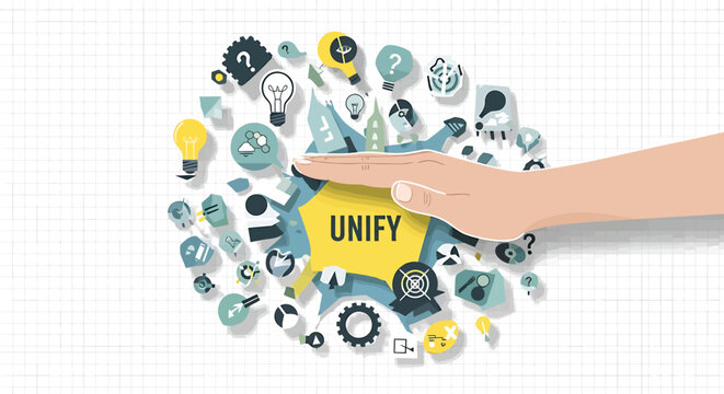 Business concept, unification icons, hand holding unify symbol, vector graphics, teamwork collaboration