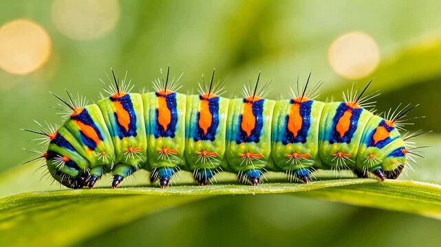 Colorful caterpillar on green leaf