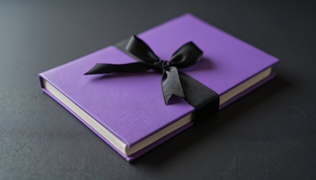 Purple notebook with black ribbon tied neatly on dark surface. Elegant journal perfect for planning, writing, gifting. Minimalist design offers sophisticated feel for creative organizational need.