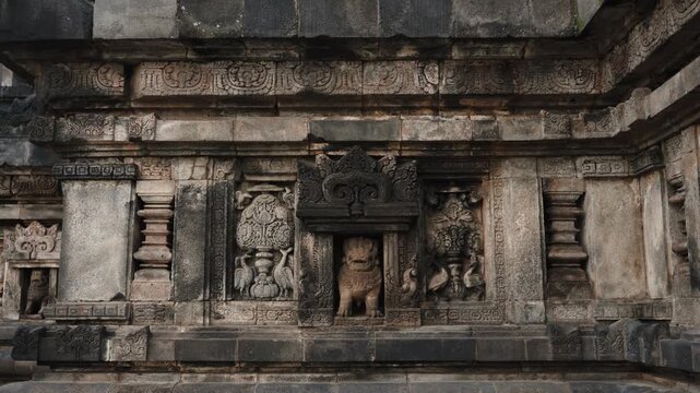 Cinematic footage of the historic Prambanan Temple in Indonesia. Majestic stone structures, intricate carvings, and ancient architecture create a powerful cultural and spiritual atmospher
