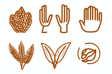 Fototapeta premium Stylized line-drawn illustrations of plant parts and hands in a muted brown color