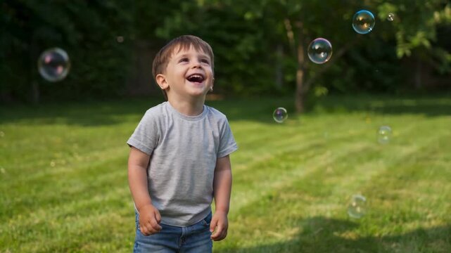Joyful Little Boy With Bright Eyes Gazing Upwards in Awe at Floating Soap Bubbles in A Sunny Green
